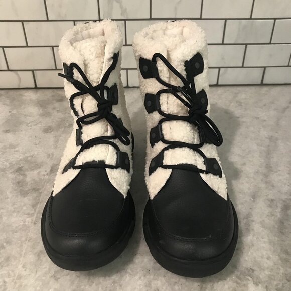 Sorel Boots Womens Size 9 Black White Sherpa Lace Up Snow Explorer II Joan Cozy - Picture 2 of 9